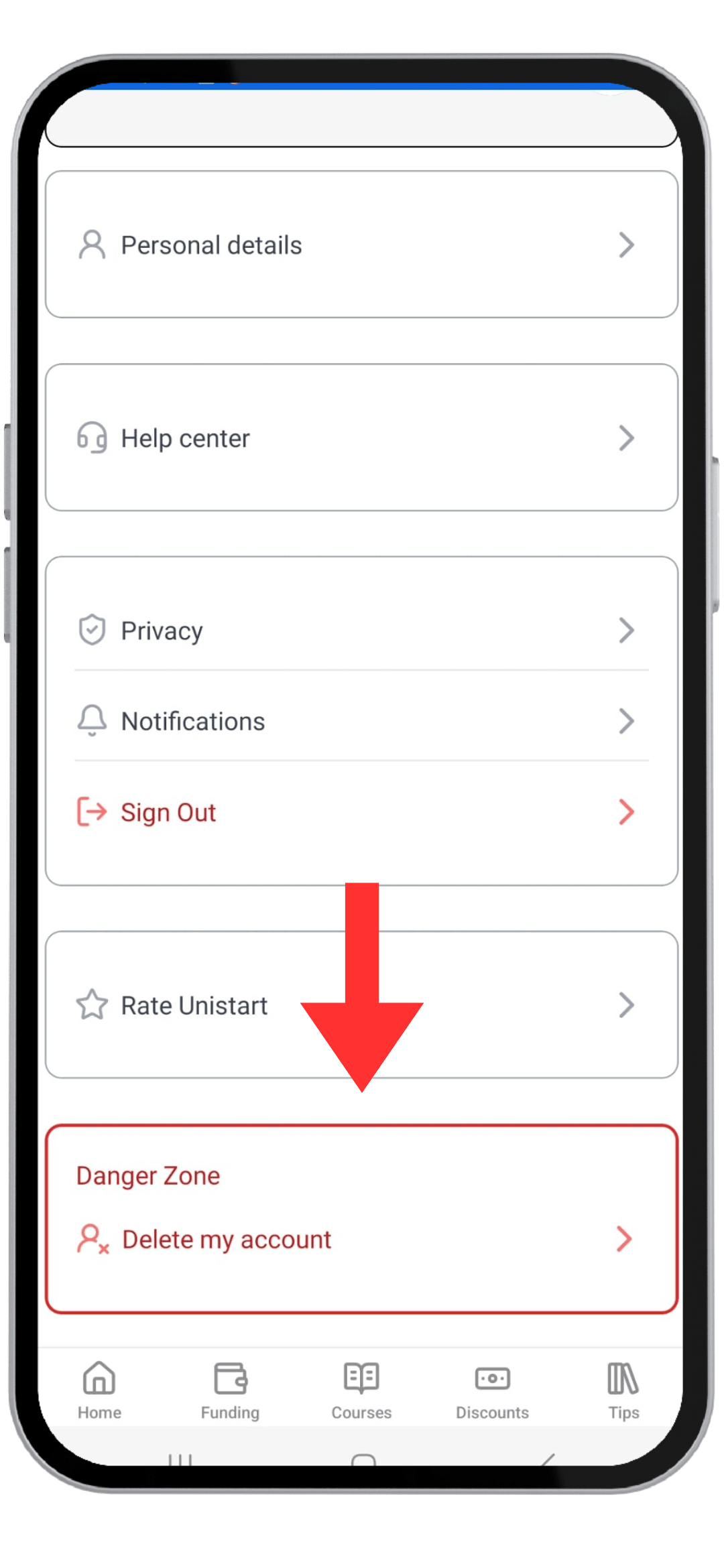 unistart app - delete profile
