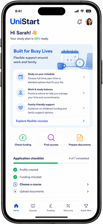 UniStart app preview showing flexible study options for mature students