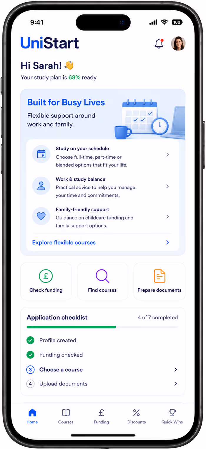 UniStart app showing flexible part-time UK degree options for mature students, working parents and busy lives with childcare and family support