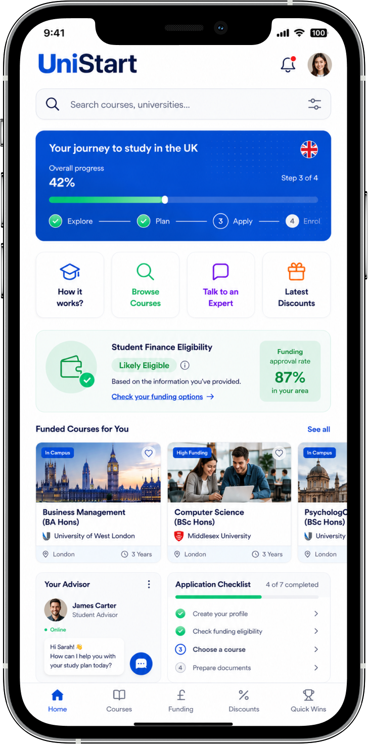 UniStart app showing UK university courses, student finance eligibility and application progress